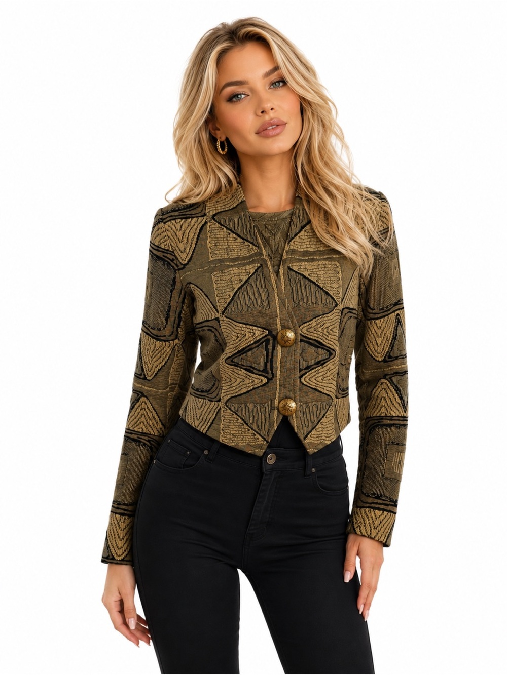 Vintage Geometric Tapestry Crop Jacket Women’s Size Medium Gold Black 2 Button